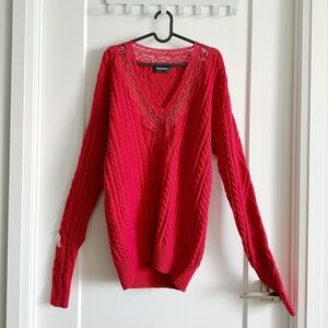 The Kooples Vibrant Over -sized Red Lace Knit Sweater